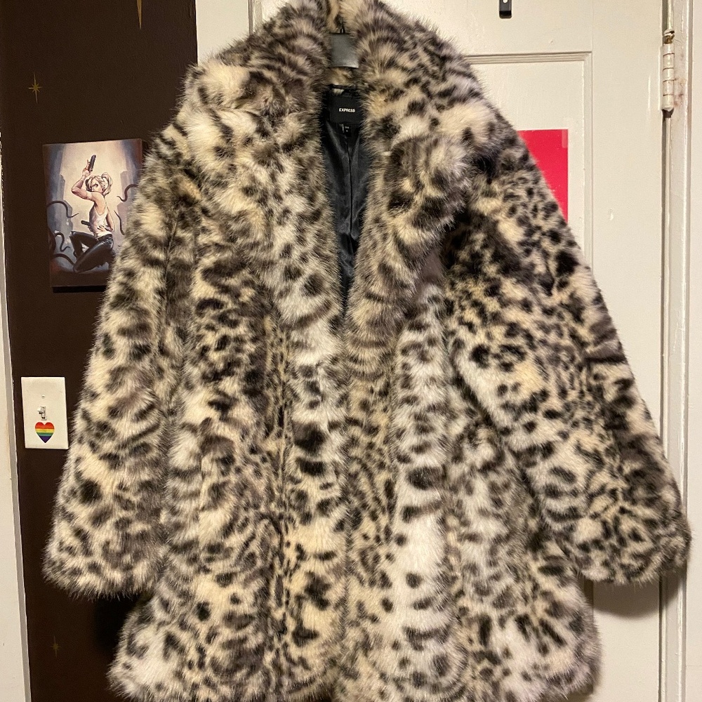 Express Leopard Faux Fur Mid Length Coat